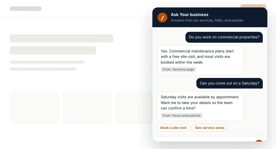 Illustrative website chat assistant for a fictional business, answering customer questions from its services page and policies and offering to book a site visit.