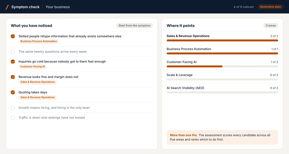 Illustrative symptom check for a fictional business: four noticed symptoms ticked, each tagged with the capability area it belongs to, and a tally showing Sales and Revenue Operations as the area most symptoms point to.