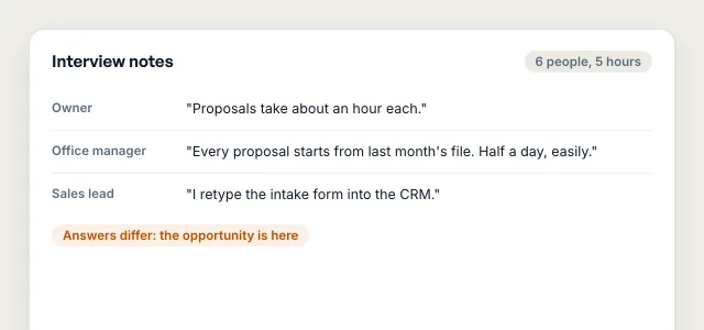 Illustrative interview notes in which an owner and two staff members give different accounts of how long the same task takes.