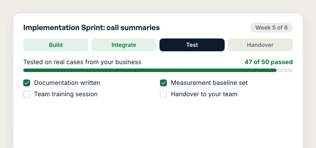 Illustrative Implementation Sprint tracker in its testing stage, showing test results against real cases and the documentation, baseline, training, and handover checklist.