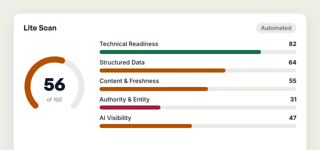 Illustrative one-page Lite Scan result with an automated score and five pillar bars.